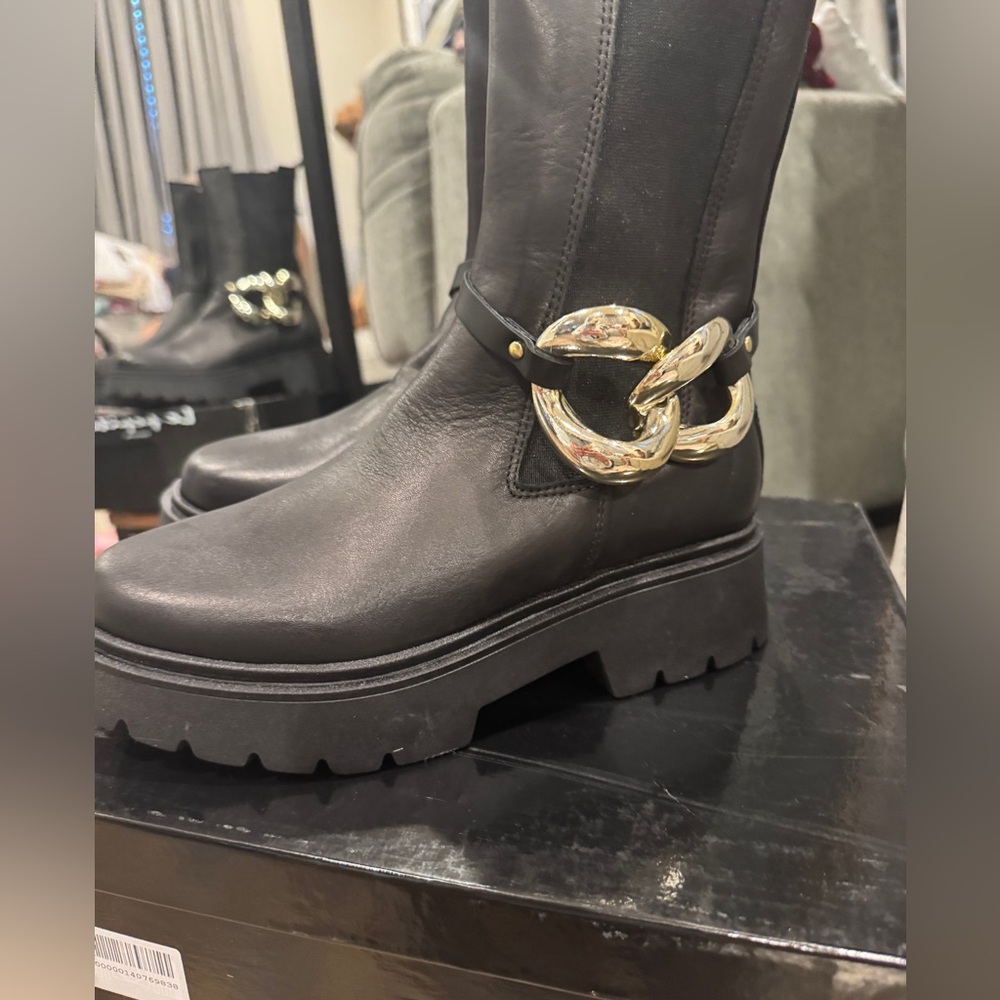 Le Pepite (Produced in Italy) Black Moto Boots with Bold “Removable” Gold Accent - Picture 3 of 8